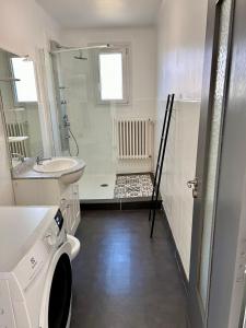 a bathroom with a sink and a washing machine at Appartement au cœur des alpes in Albertville