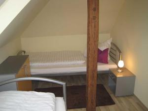 ein Schlafzimmer mit einem Etagenbett im Dachgeschoss in der Unterkunft Ferienwohnung Borz in Bad Klosterlausnitz