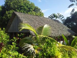 une cabane avec un toit de chaume et un palmier dans l'établissement Lambawany, sur l'île Sainte-Marie