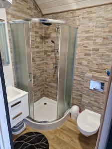 a bathroom with a shower and a toilet at Domki Paradiese in Jarosławiec