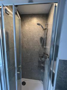 a shower with a glass door in a bathroom at Charming country house and garden 