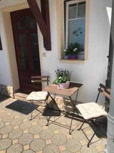 een tafel en twee stoelen voor een deur bij Ferienwohnung Plötner in Bad Klosterlausnitz