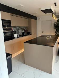 eine Küche mit einer schwarzen Arbeitsplatte in einem Zimmer in der Unterkunft non disponible in Champigny-sur-Marne