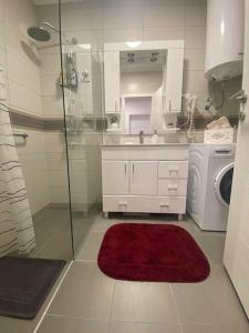 a bathroom with a sink and a washing machine at Apartman Lux 5- private parking in Sombor