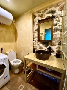 a bathroom with a sink and a toilet and a mirror at D&P Cell Oneiro. in Kalavrita