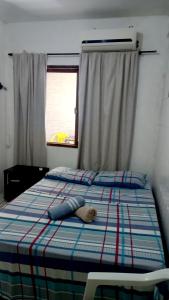 um cão deitado numa cama num quarto em Kit no Centrinho da Lagoa em Florianópolis