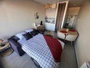 a small bedroom with a bed and a sink at Studio Le Mer'Veilleux in Calais