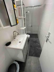 uma casa de banho branca com um lavatório e um chuveiro em Studio Angelina im 3 OG 30 m² em Graz