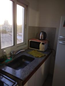 uma cozinha com um lavatório e um micro-ondas em Departamento ArturoV em Río Cuarto