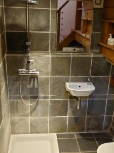 a bathroom with a shower and a sink at Fern Cottage Annexe in Croyde +16 photos