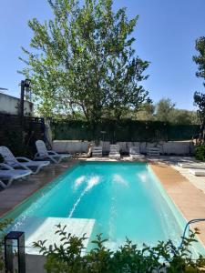 una piscina con sillas y un árbol en Brisas del Lago Apartamentos en Colón