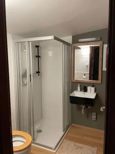 a bathroom with a shower and a toilet and a sink at Gesamtes Haus mit Garten - 100% Privatsphäre in Vienna