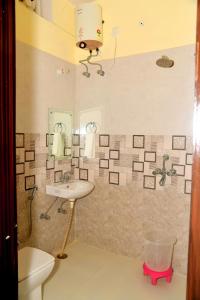 La salle de bains est pourvue d'un lavabo, de toilettes et d'un miroir. dans l'établissement Ranthambhore Tiger Niwas, à Sawai Madhopur