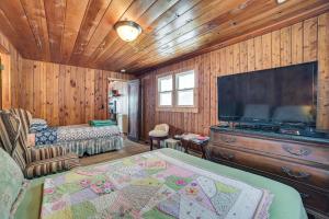 a living room with a tv and a couch and a bed at Michigan Cabin Retreat 5 Mi to Sturgeon Bay Beach in Pellston