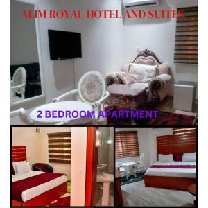 two pictures of a room with two beds and a bedroom apartment at Alim Royal Hotel in Jahi