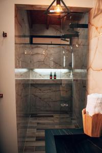 y baño con ducha y puerta de cristal. en Örök Hotel, en Rionegro
