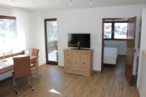 - un salon avec une télévision sur une commode en bois dans l'établissement Ferienwohnung Seeglück, 