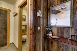a bathroom with a toilet and a wooden wall at Chalet Planards 1 in Chamonix-Mont-Blanc +28 photos