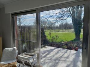 a sliding glass door with a view of a yard at Ferienhaus Dat Landhuus 95158 in Rhauderfehn