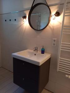 a bathroom with a sink and a mirror on the wall at Ferienhaus Dat Landhuus 95158 in Rhauderfehn