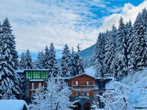 a building in a snowy forest with snow covered trees at Hotel Shgedi Mestia in Mestia