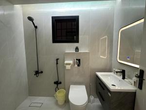a white bathroom with a toilet and a sink at شقة فاخرة غرفتين نوم ودخول ذاتي in Riyadh
