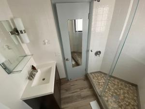 La salle de bains est pourvue d'une douche, d'un lavabo et d'un miroir. dans l'établissement 111 Unit 8 Waterfront home with Boat rentals available, à Fort Lauderdale