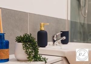 een wastafel in de badkamer met een fles zeep en een plant bij Modern Apartment in Wigston with Free Parking! in Wigston Magna