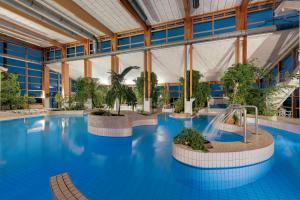 萨加尔德Precise Resort Rügen Apartments & SPLASH Erlebniswelt的一座大型室内游泳池,里面种有棕榈树