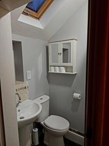 a bathroom with a white toilet and a sink at Woodys Retreat Cosy One Bed Cottage in Belper +23 photos