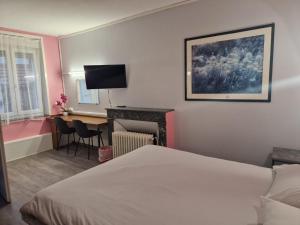 a bedroom with a bed and a desk and a television at Hotel de l'Academie in Nancy