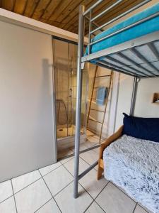 een slaapkamer met een stapelbed en een douche bij Maisonnette des Sables Blancs avec jardinet Tréboul in Douarnenez