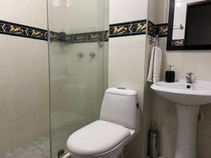 e bagno con doccia, servizi igienici e lavandino. di Elegante apartamento Ipiales a Ipiales