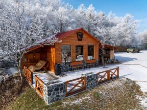 domek z bali z werandą w śniegu w obiekcie Baglyas Vendégház w mieście Edelény