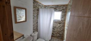 a bathroom with a shower curtain and a toilet at Casa en Dalcahue - Mira Mar in Dalcahue
