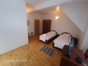a room with two beds and a tv in it at Casa Flavius in Văliug