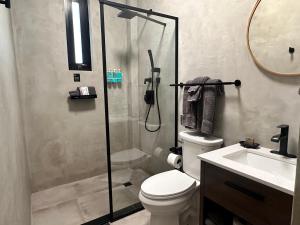 a bathroom with a shower and a toilet and a sink at The Looking Glass Hotel in San Juan