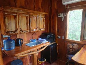 a kitchen with a sink and a microwave at La Cabañita in Tanti +21 photos