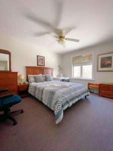 Schlafzimmer mit einem Bett und einem Deckenventilator in der Unterkunft Lily's garden in Charlottetown