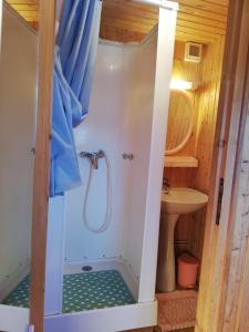 a shower in a tiny bathroom with a sink at Location chalets in Le Thillot