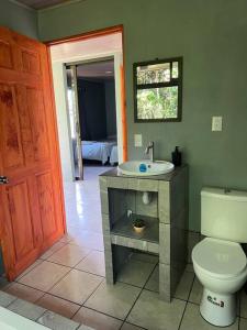 a bathroom with a toilet and a sink at Cabaña Magui. in Aguas Zarcas