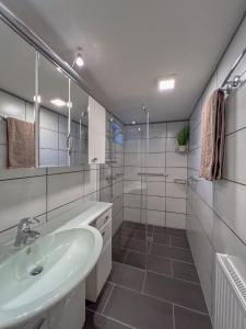 Un baño blanco con lavabo y ducha. en Ferienhaus Eisfelder Blick, en Eisfeld
