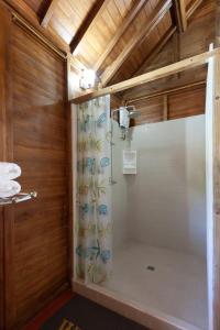 a shower with a shower curtain in a bathroom at HideAway in Anse Possession