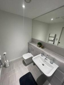 a bathroom with a sink and a toilet and a mirror at Stylish flat in Old Trafford in Manchester
