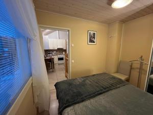 1 dormitorio pequeño con 1 cama y cocina en Villa IRIS 4, Himos, en Jämsä