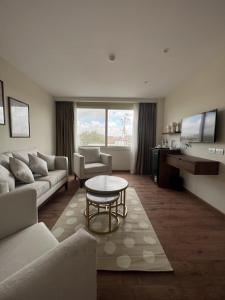 开罗The Home Boutique Hotel Pyramids Inn的带沙发和桌子的客厅