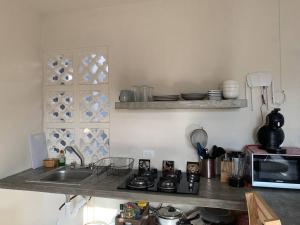 cocina con encimera con fregadero y microondas en Departamento cocoonning en "Casa Livia" piscina y jardín, en Mérida