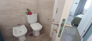 een badkamer met een toilet met een plant erop bij Azahares de Tandil in Tandil