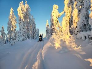 una persona montando una moto de nieve por una carretera cubierta de nieve en Lapland Riverside Cabin, Äkäsjoen Piilo - Jokiranta, Traditional Sauna, Avanto, WiFi, Ski, Ylläs, Erä, Kala en Äkäsjoensuu