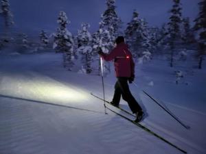 a person on skis in the snow at night at Lapland Riverside Cabin, Äkäsjoen Piilo - Jokiranta, Traditional Sauna, Avanto, WiFi, Ski, Ylläs, Erä, Kala in Äkäsjoensuu